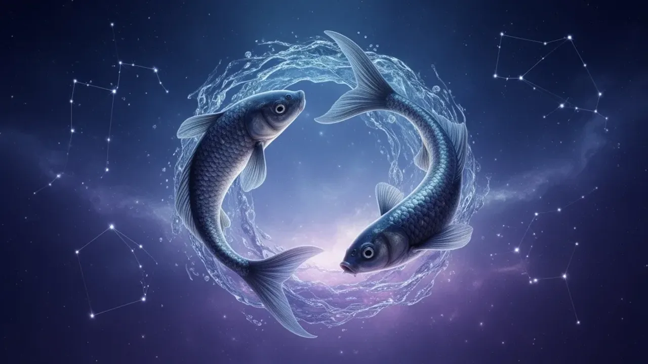19 luty znak zodiaku: Ryby, intuicja, wrażliwość i horoskop (2026) Artystyczna wizualizacja symbolu Ryb na tle konstelacji zodiakalnej, obrazująca 19 luty znak zodiaku w mistycznym, oceanicznym klimacie.