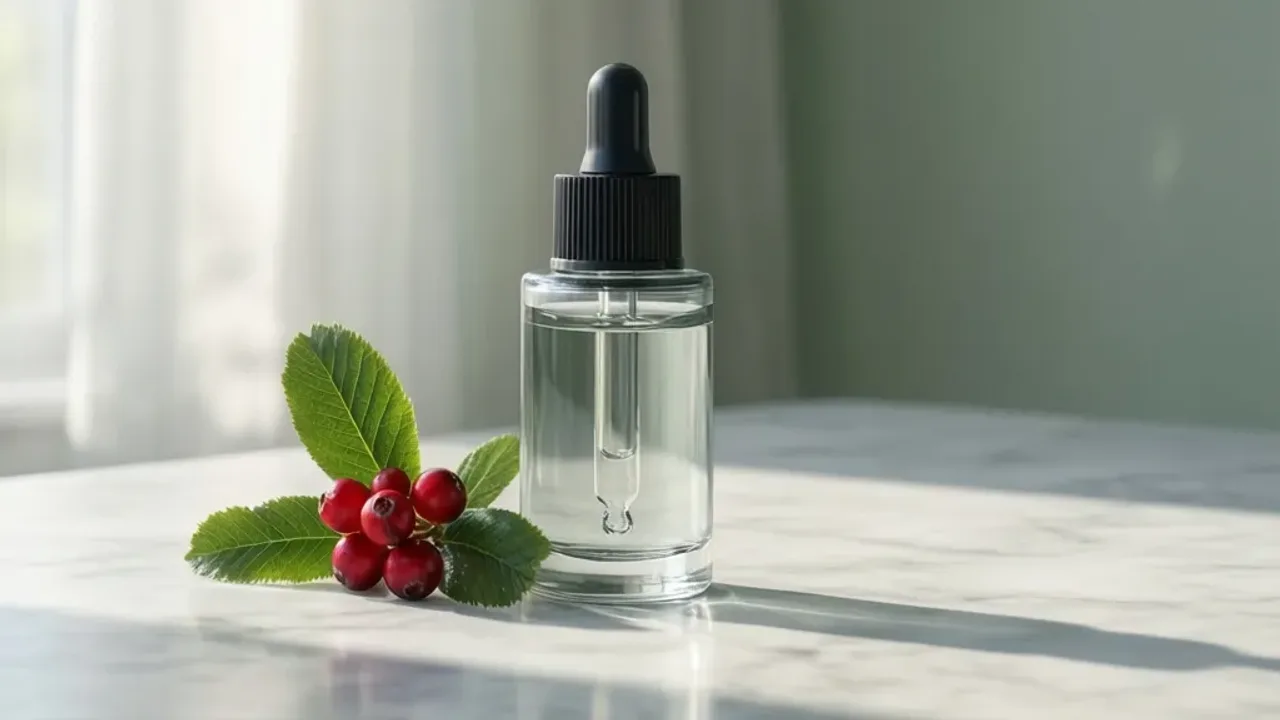 Alfa arbutyna: skuteczne antidotum na przebarwienia skóry w kosmetyce Eleganckie serum z alfa arbutyna na marmurowym blacie w otoczeniu liści mącznicy lekarskiej.