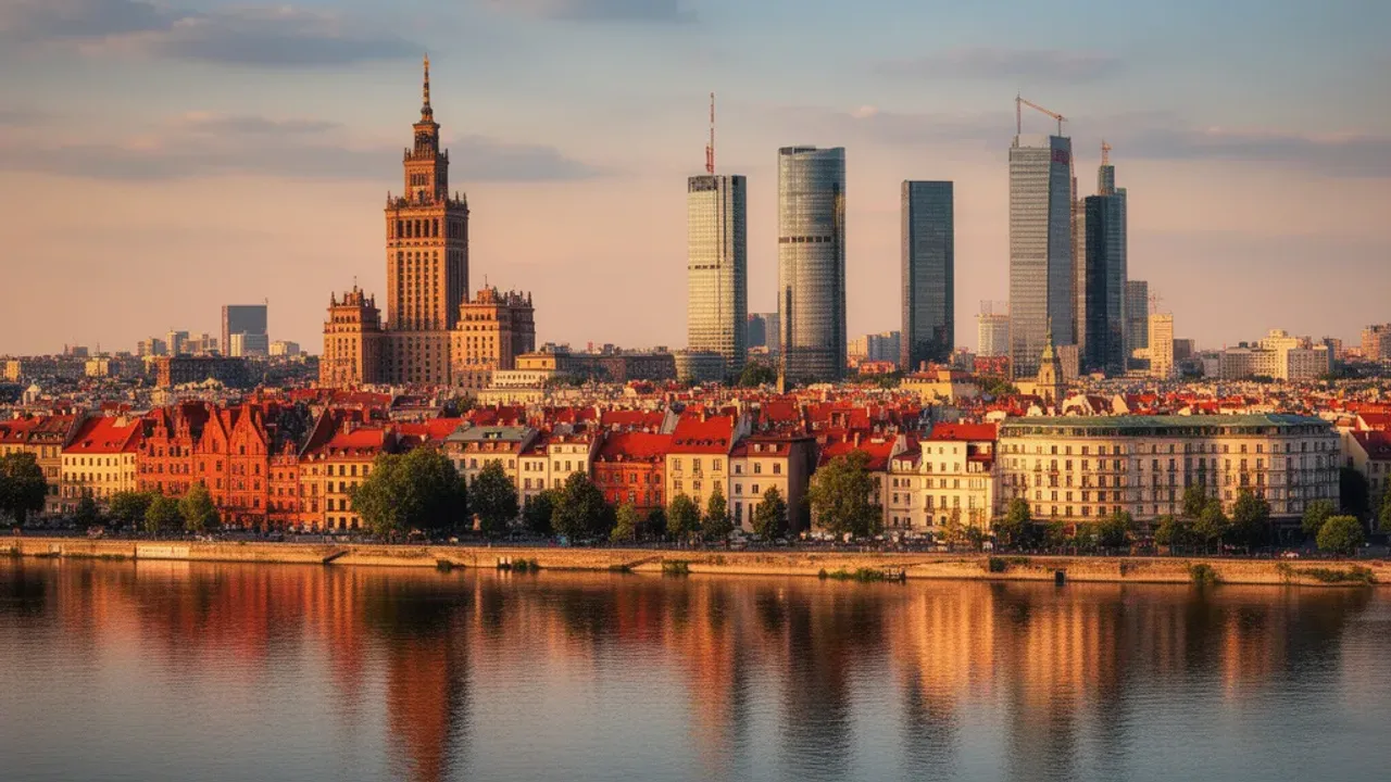 Atrakcje Warszawa: co warto zobaczyć w stolicy Polski? Pełny przewodnik Panoramiczny widok na najważniejsze atrakcje Warszawa o zachodzie słońca ze słynnym Pałacem Kultury i Nauki oraz Zamkiem Królewskim.