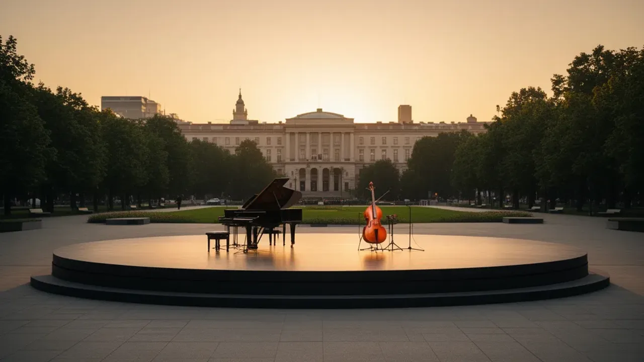 Darmowe koncerty Warszawa: darmowy koncert i wydarzenie muzyczne 2026 Pusta, elegancka sala koncertowa w Warszawie, w której odbywają się darmowe koncerty Warszawa.