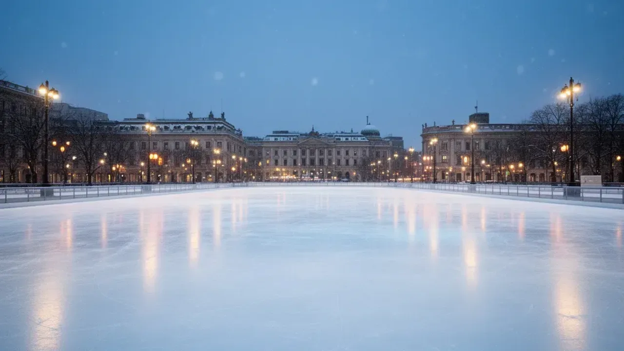 Darmowe lodowisko Warszawa: kompletny przewodnik po ślizgawkach 2026 Pusta tafla lodu na darmowe lodowisko Warszawa wieczorem w świetle miejskich lamp.