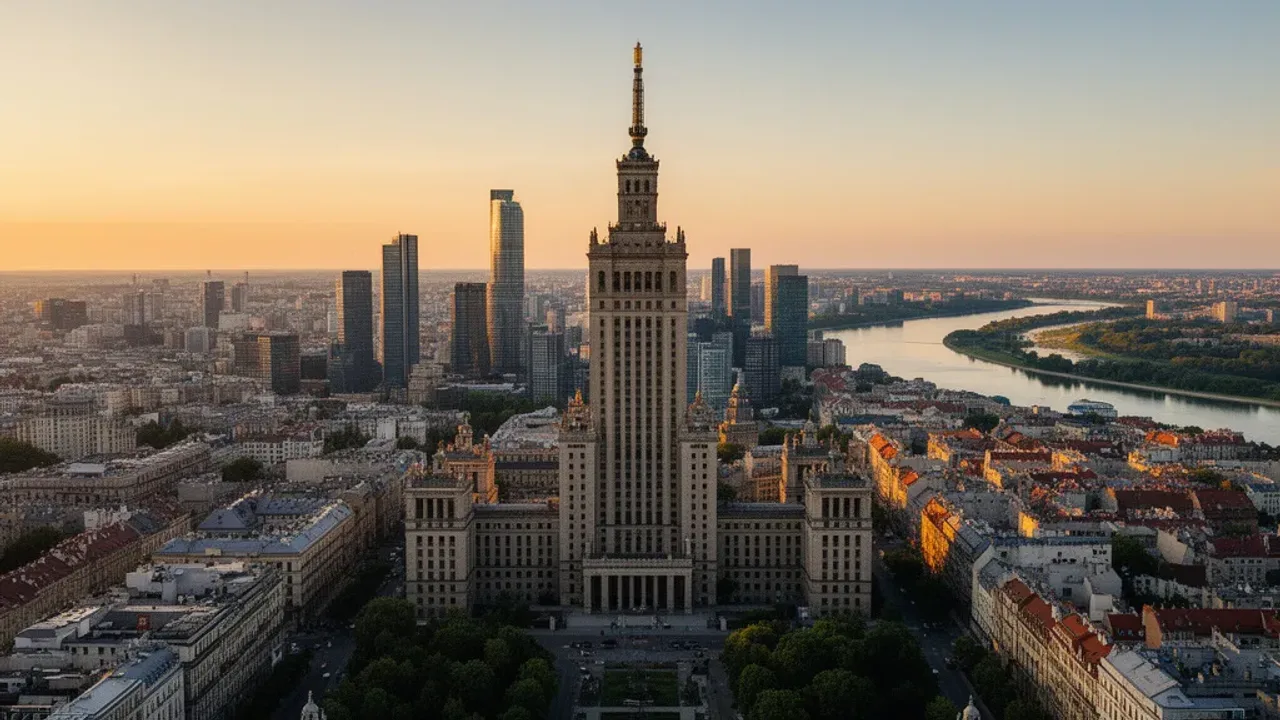 Dzielnice Warszawy: podział administracyjny i lista 18 dzielnic Nowoczesna panorama miasta przedstawiająca dzielnice Warszawy z widocznym Pałacem Kultury i Nauki oraz biurowcami Woli.