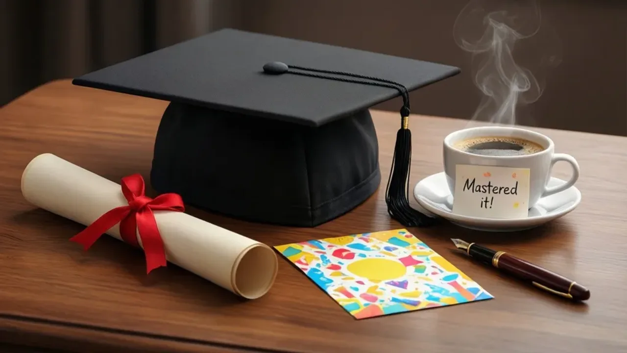 Gratulacje z okazji obrony pracy magisterskiej śmieszne – gotowe propozycje Złoty biret obok kubka i kartki z humorem jako gratulacje z okazji obrony pracy magisterskiej śmieszne.
