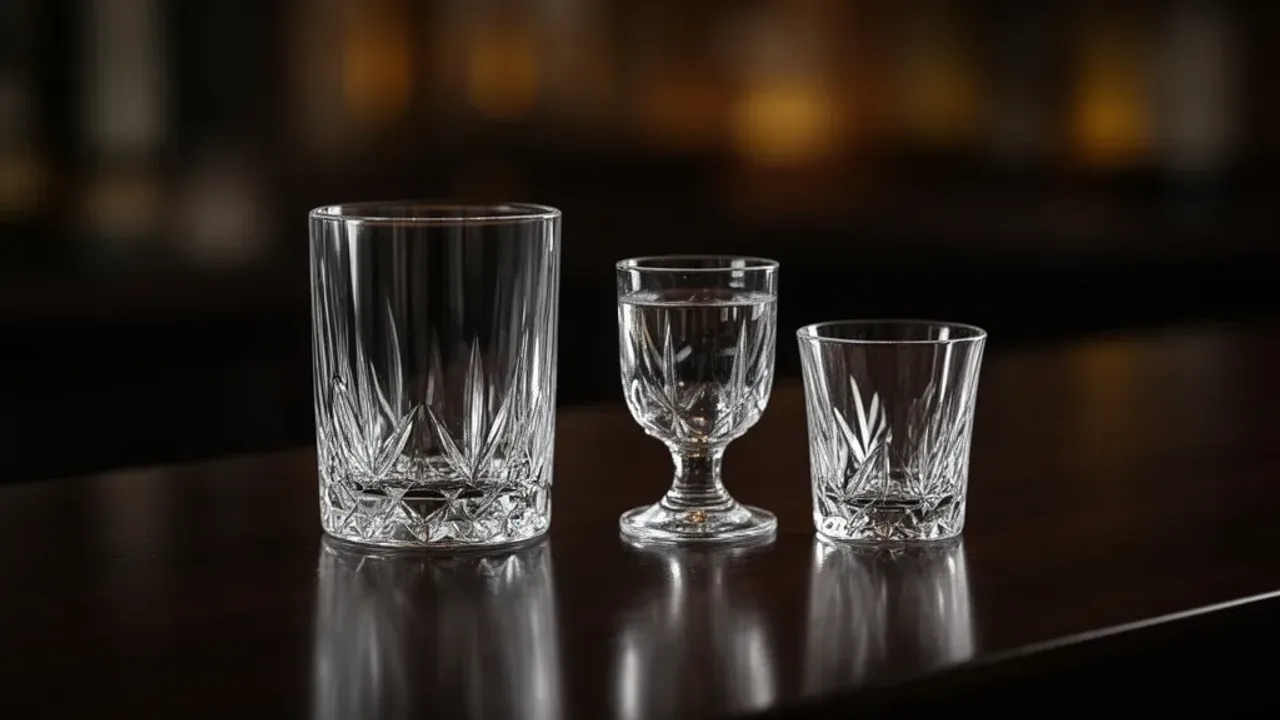 Ile ml ma kieliszek do wódki? Sprawdź pojemność i wybierz szkło na toast! Elegancki kryształowy kieliszek do wódki na drewnianym stole, prezentujący standardową pojemność, odpowiadający na pytanie ile ml ma kieliszek do wódki.