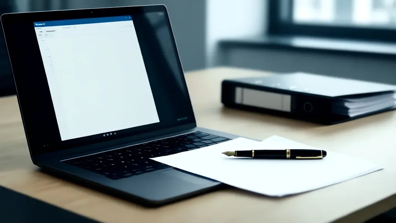 Jak napisać maila z cv: praktyczna treść wiadomości do pracodawcy Profesjonalny laptop z otwartą wiadomością e-mail i CV w PDF na biurku, ilustrujący jak napisać maila z cv.