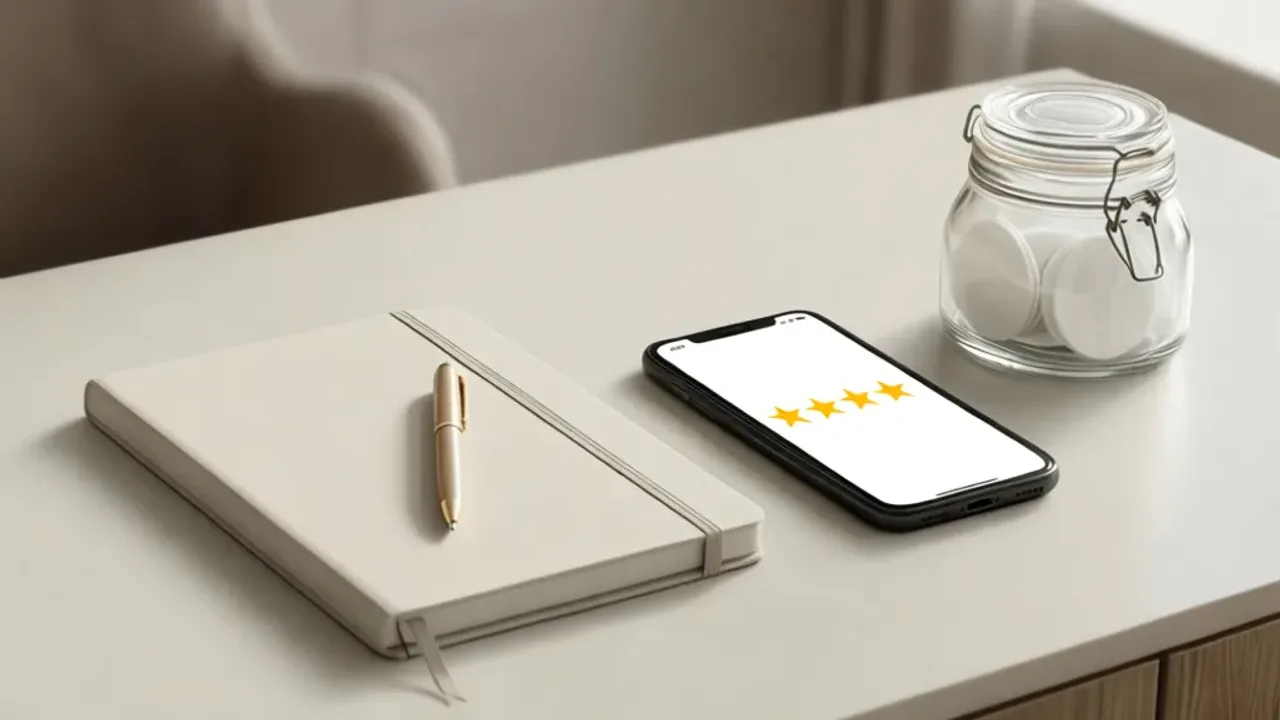 Jak napisać opinie o kosmetyce: najlepszy gabinet i opinie klientów Smartfon z formularzem oceny salonu na biurku, ilustrujący jak napisać opinie o kosmetyczce w profesjonalnym gabinecie.