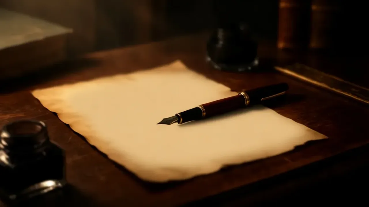 Jak napisać sonet: rym, wers i Adam Mickiewicz – praktyczny poradnik Stare pióro gęsie na pergaminie z ręcznie zapisanym wierszem jako ilustracja poradnika jak napisać sonet.