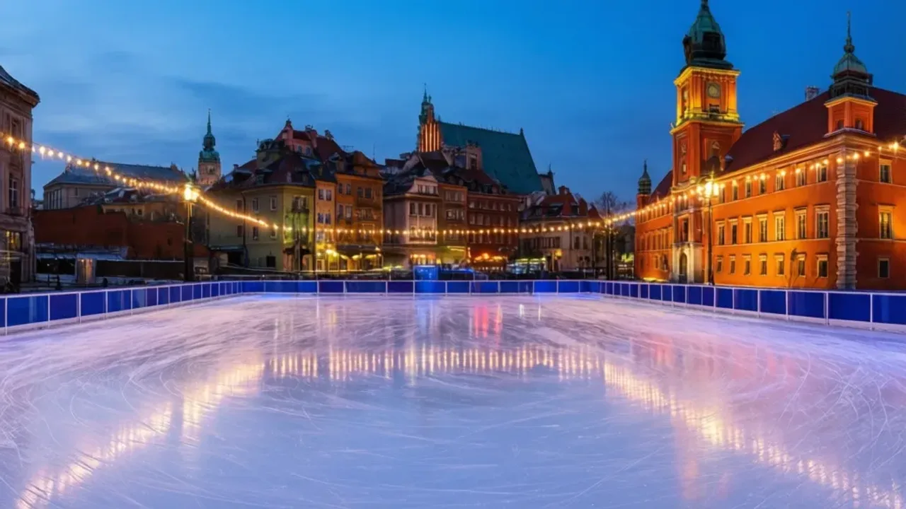 Lodowiska Warszawa 2026: ślizgawka, łyżwy i wypożyczenie sprzętu w sezonie Puste, oświetlone lodowiska Warszawa z widokiem na zimową architekturę miasta i sprzęt do jazdy na łyżwach.