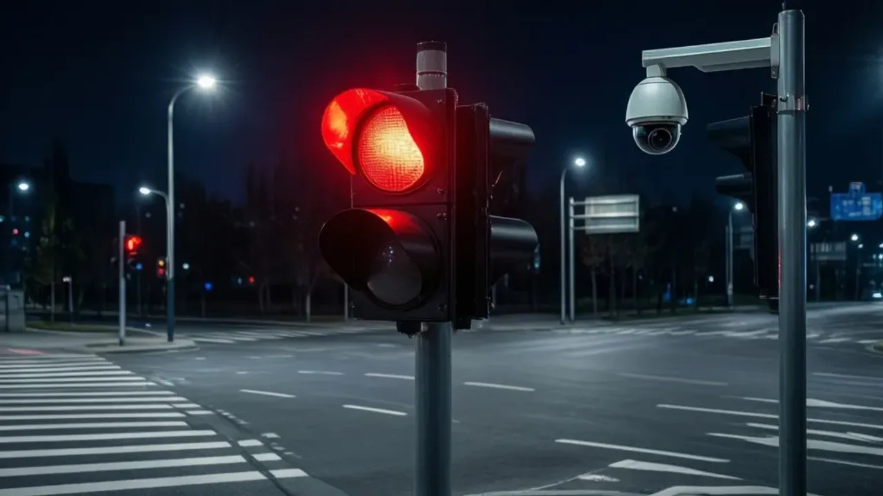 Mandat za przejazd na czerwonym: kary i punkty karne w 2025 roku Nowoczesna kamera systemu monitoringu rejestrująca mandat za przejazd na czerwonym świetle na skrzyżowaniu w mieście.
