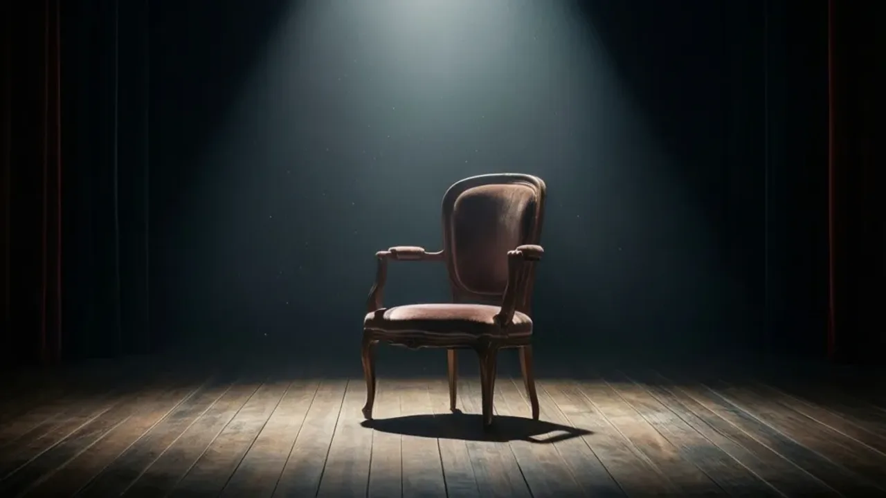 Monolog przykład: definicja, przykład monologu i monolog wewnętrzny Pusta scena teatralna z oświetlonym skryptem jako monolog przykład w teatrze.