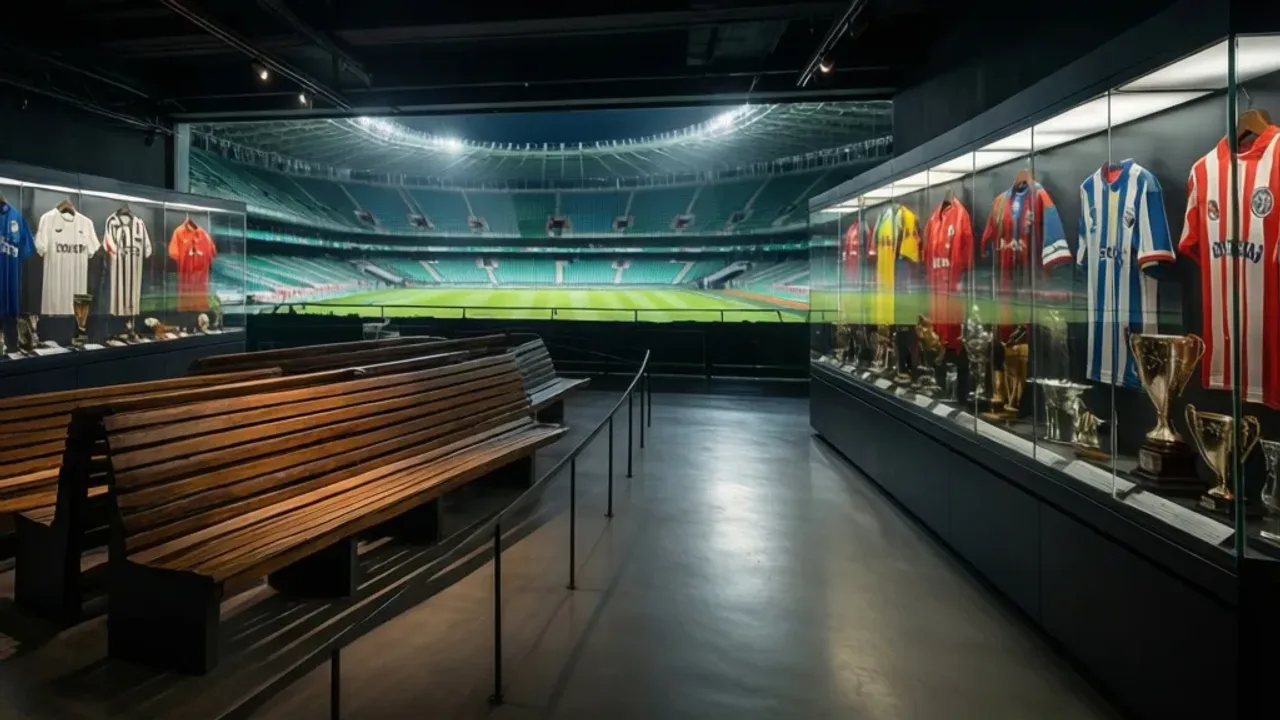 Muzeum Legii Warszawa: historia klubu i stadionu im. Wiktora Bołby Wnętrze wystawy Muzeum Legii Warszawa z historycznymi koszulkami piłkarskimi i trofeami sportowymi w szklanej gablocie.