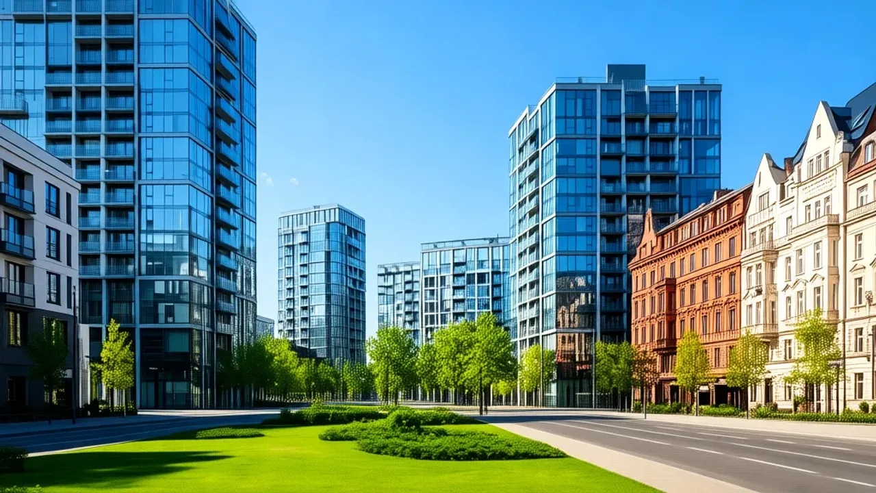 Najlepsze dzielnice Warszawy 2025: jaka dzielnica warszawy do zamieszkania? Widok panoramiczny na nowoczesną architekturę i zieleń miejską, ukazujący najlepsze dzielnice Warszawy.