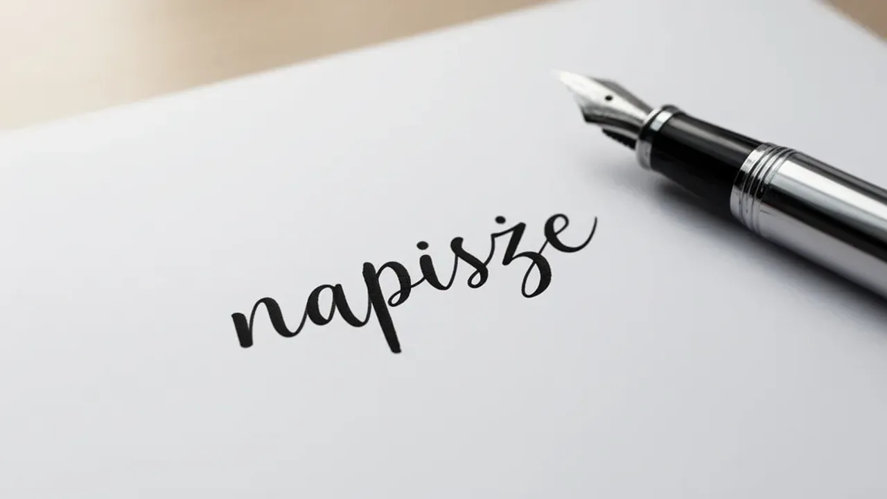 Napiszę poprawnie: jak pisać, tłumaczyć i napisać tekst po polsku w pracy Eleganckie pióro wieczne na notatniku z odręcznie zapisanym słowem napiszę na drewnianym biurku.