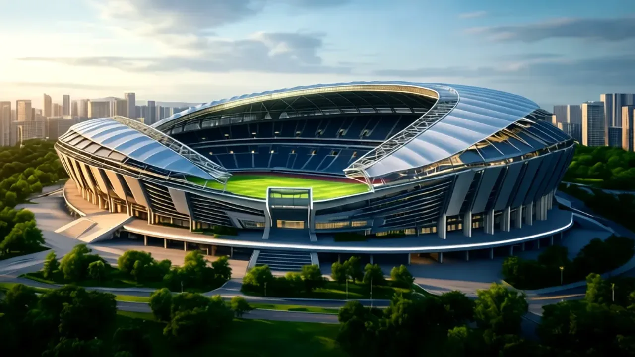 Nowy stadion Polonii Warszawa: projekt, hala sportowa i plany klubu Wizualizacja architektoniczna przedstawiająca nowoczesny nowy stadion Polonii Warszawa w otoczeniu miejskim.