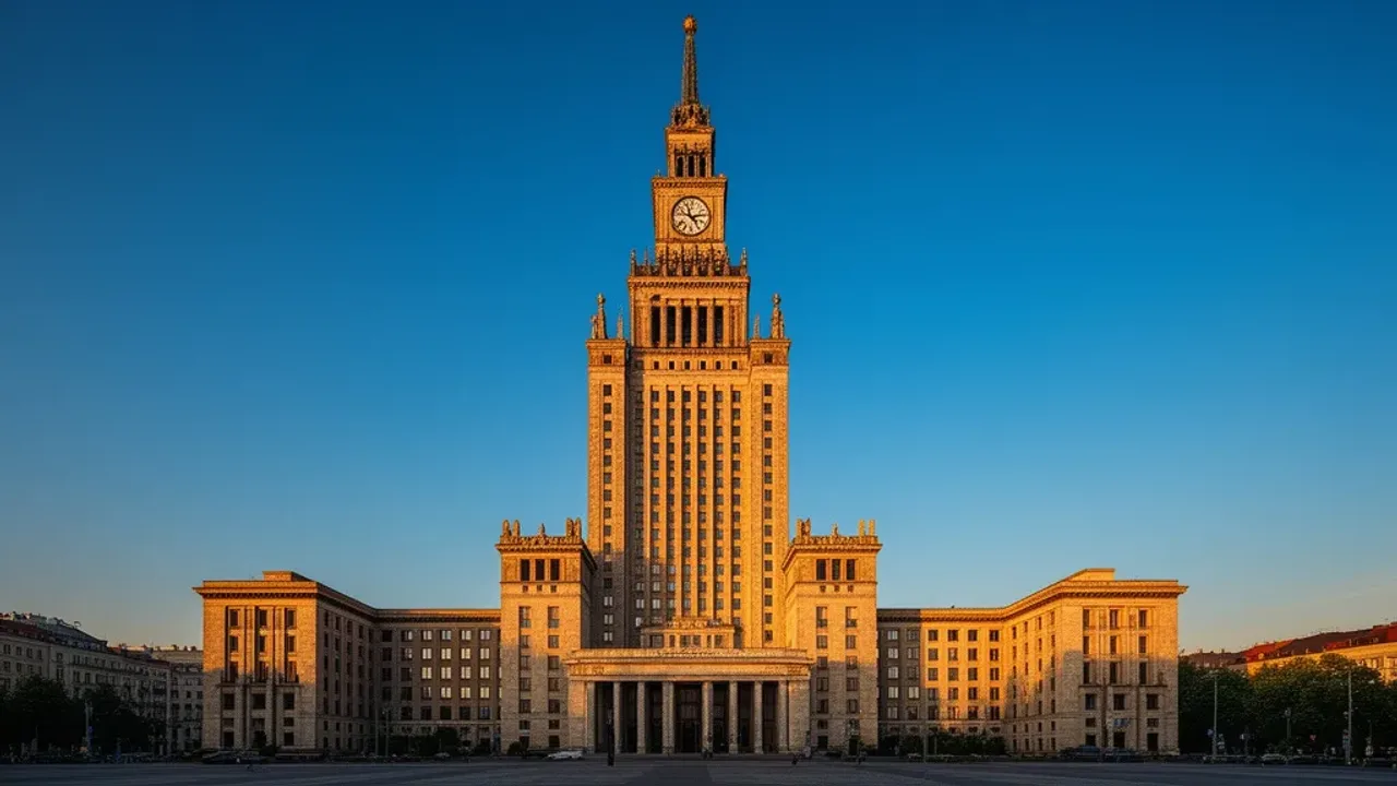 Pałac kultury i nauki w Warszawie: historia pałacu, taras 114 metrów Widok na Pałac Kultury i Nauki w Warszawie o zachodzie słońca, prezentujący klasyczną architekturę zabytkowego pałacu kultury.