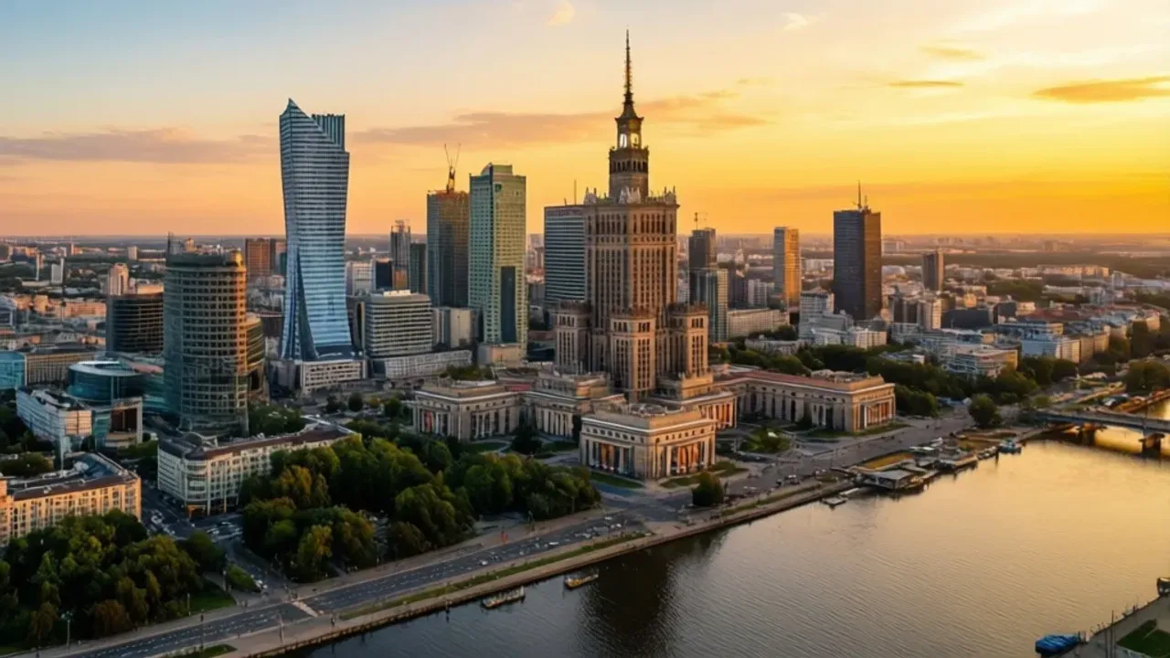 Panorama Warszawy: najlepszy taras widokowy w stolicy (360°) Nowoczesna panorama Warszawy z widokiem na Pałac Kultury i Nauki oraz wieżowce w świetle zachodzącego słońca.