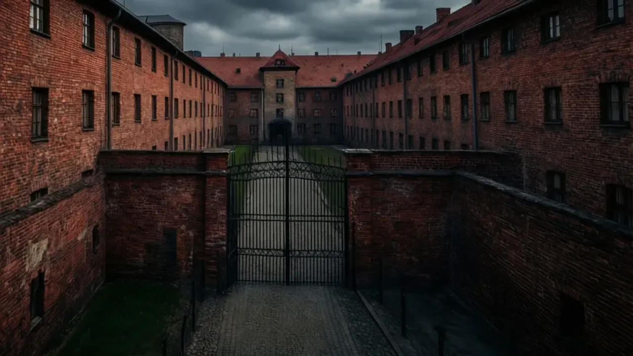 Pawiak: Muzeum Więzienia w Warszawie – historia i poradnik zwiedzania Historyczny mur z czerwonej cegły i brama więzienia Pawiak w Warszawie.