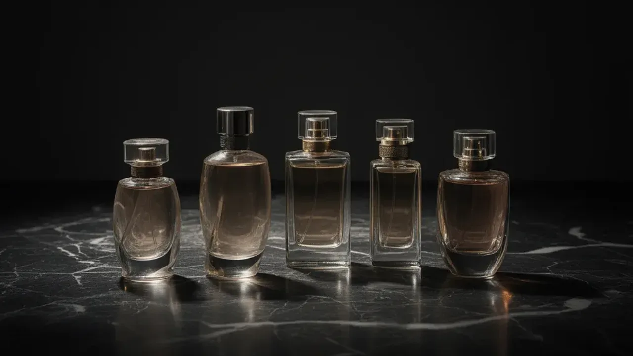 Perfumy meskie top: Ranking 10 zapachów dla mężczyzn i kultowe perfumy Elegancki zestaw luksusowych flakonów prezentujący perfumy meskie top na ciemnym, kamiennym tle.