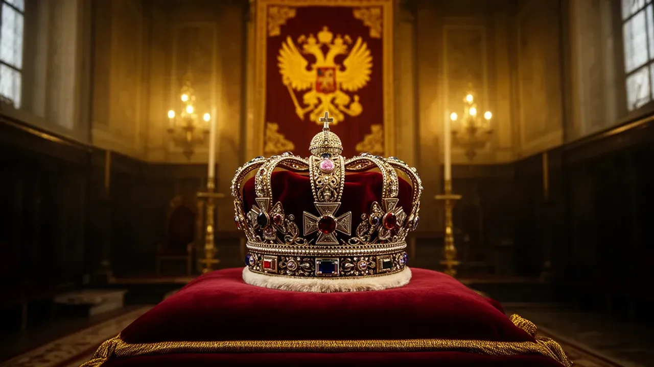 Polski car Rosji: od Władysława IV po Mikołaja I i cara Aleksandra II Historyczne insygnia władzy symbolizujące losy, które łączyły postać, jaką był polski car Rosji, na tle dawnej mapy Europy.