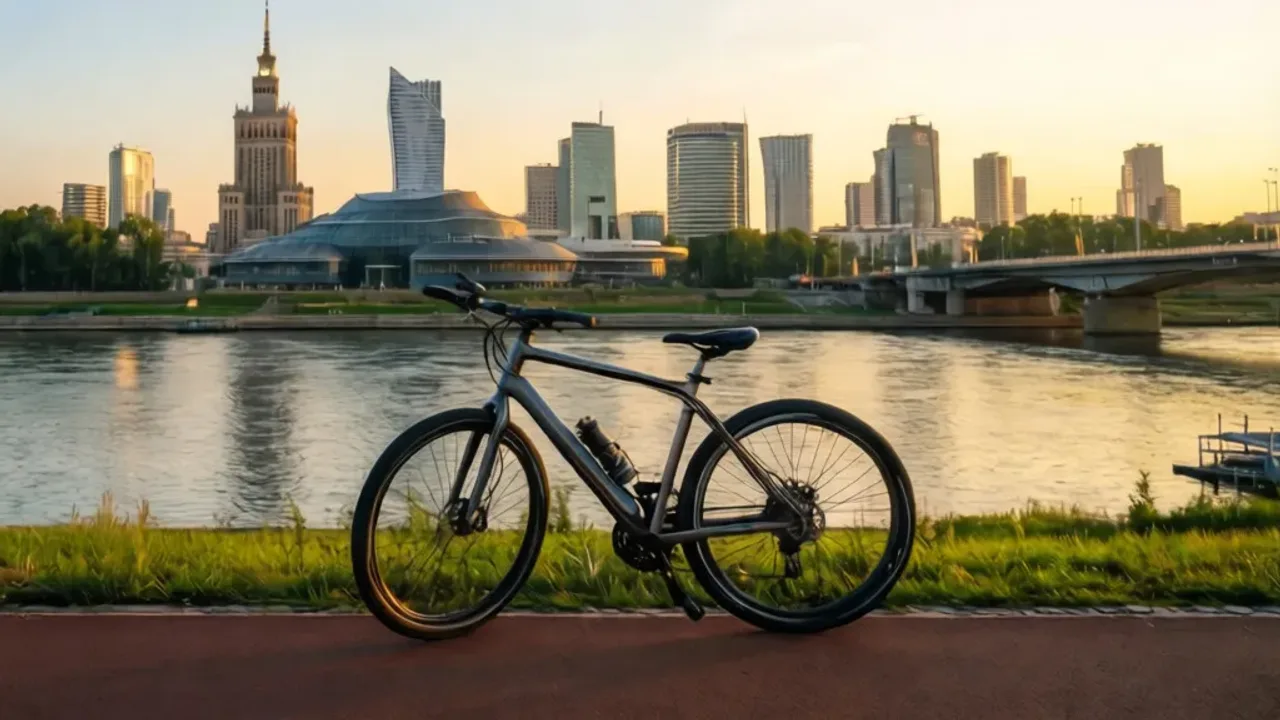 Rowerem po Warszawie: najlepsze trasy rowerowe i ścieżek rowerowych w stolicy Nowoczesny rower zaparkowany na ścieżce rowerowej w centrum miasta podczas wyprawy rowerem po Warszawie.