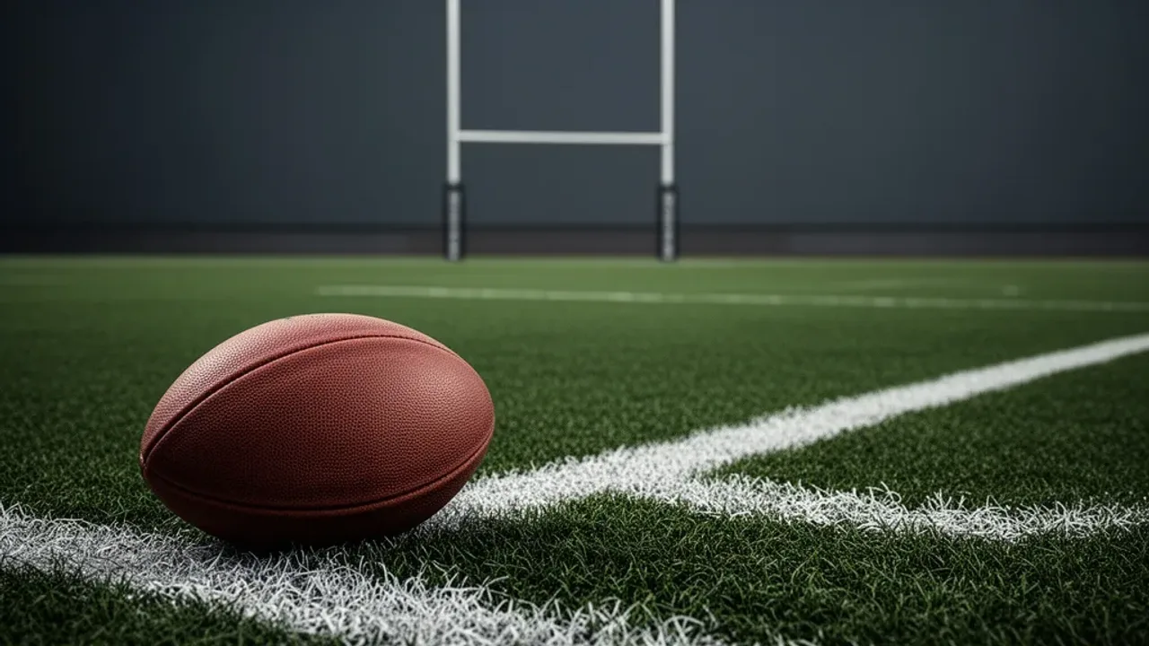Rugby zasady: kompletny przewodnik po grze w rugby union i dyscyplinie Owalna piłka do rugby na murawie boiska ilustrująca najważniejsze rugby zasady.