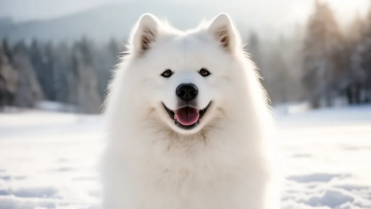 Samoyed ile żyje? Opis rasy, jak żywić ten uśmiechnięty pies szpica Dorosły, uśmiechnięty pies rasy samoyed w zimowym krajobrazie, ilustrujący artykuł na temat tego, samoyed ile żyje i jak o niego dbać.
