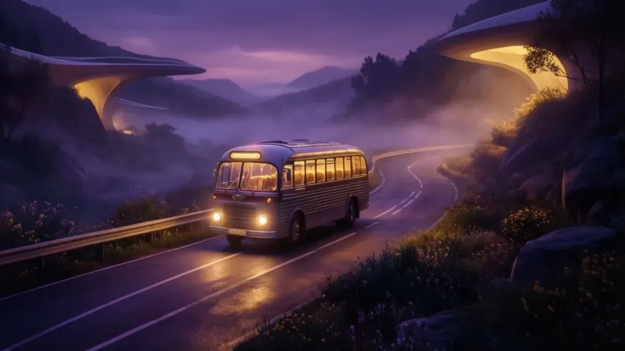 Sennik jechać autobusem: co oznacza sen o autobusie i jazda we śnie? Grafika przedstawiająca surrealistyczną podróż autobusem jako sennik jechać autobusem w mistycznym krajobrazie.