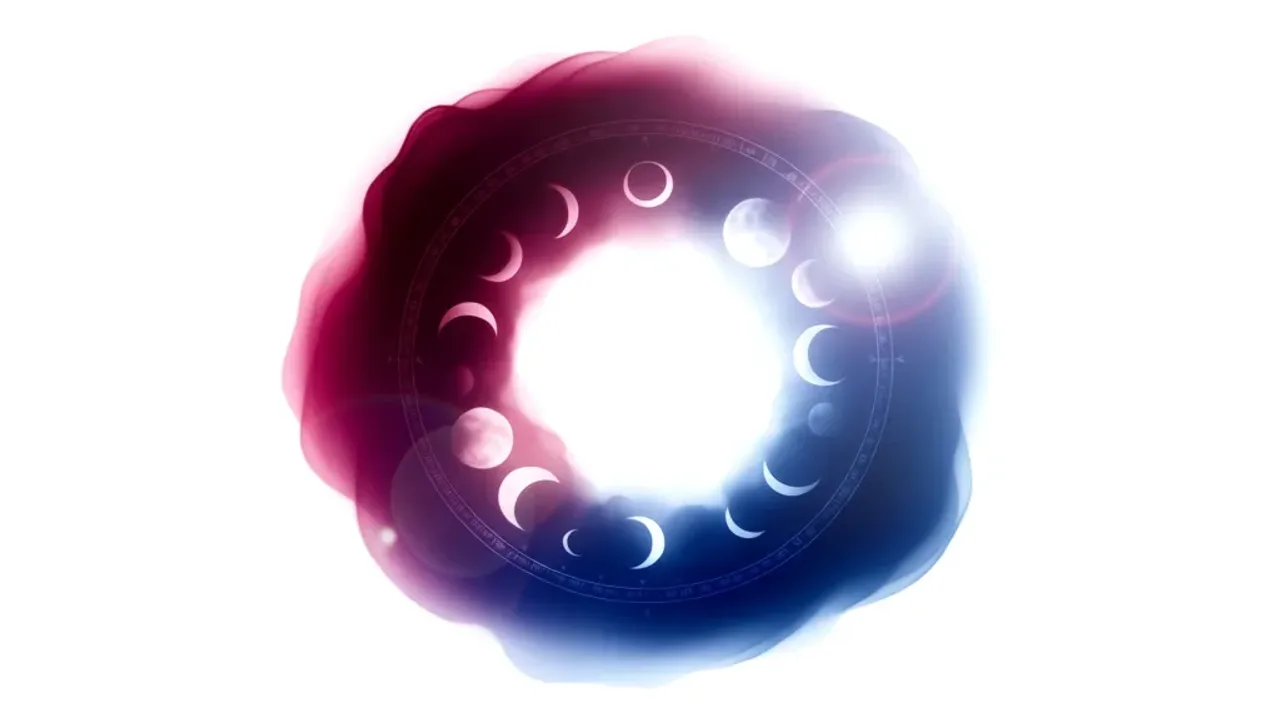 Sennik okres: Co oznacza sen o krwi i cykl menstruacyjny we śnie? Surrealistyczna ilustracja symbolizująca znaczenie snów w sennik okres, przedstawiająca cykl księżyca i abstrakcyjne czerwone wstęgi w sennym krajobrazie.