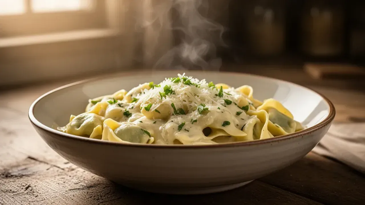 Sos do tortellini: przepis na szybki obiad w sosie śmietanowym lub szpinakowym Tortellini na talerzu z aromatycznym sosem do tortellini, posypane parmezanem i świeżym szpinakiem.