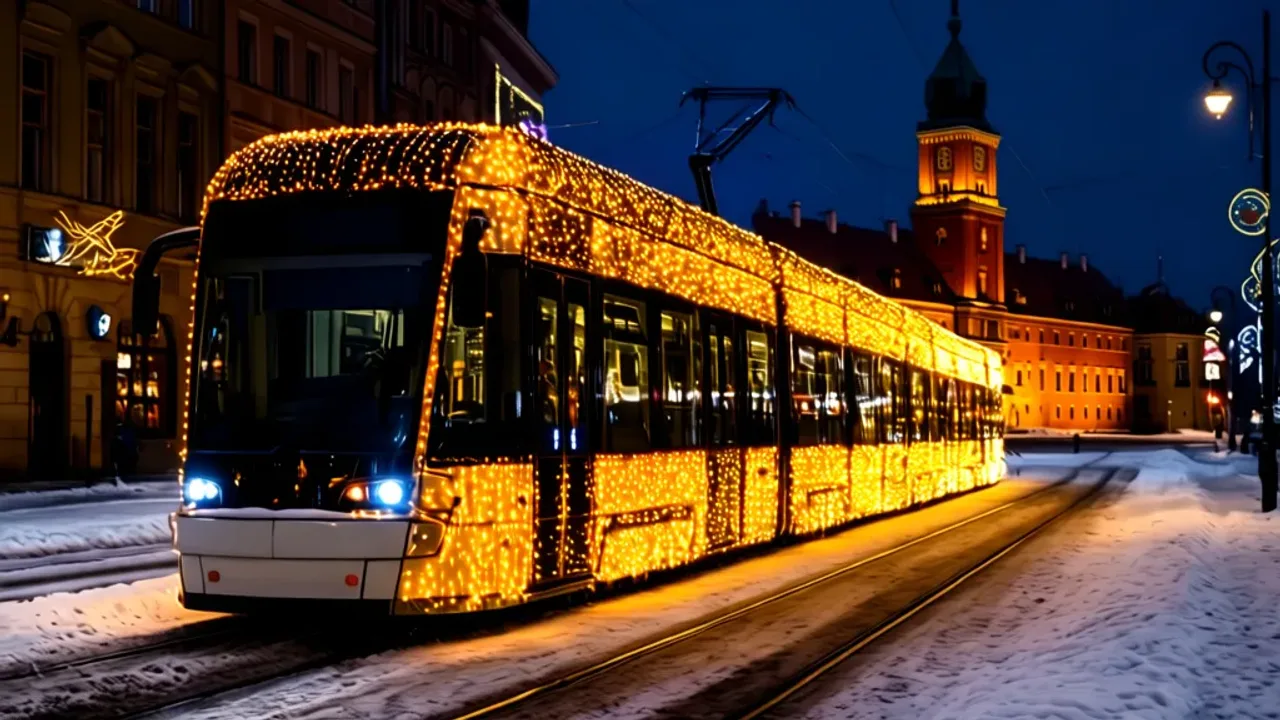 Świąteczny tramwaj Warszawa 2025: rozkład jazdy, lokalizacja GPS i trasy Świąteczny tramwaj Warszawa oświetlony dekoracjami jadący przez zimowe ulice miasta wieczorem.