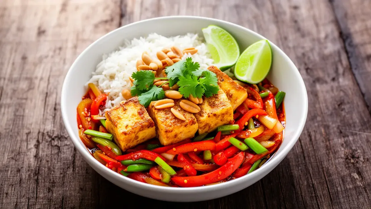 Tofu po tajsku: przepis na makaron, ryż jaśminowy i pad thai z tofu Chrupiące tofu po tajsku z warzywami, orzechami ziemnymi i limonką podane w woku.