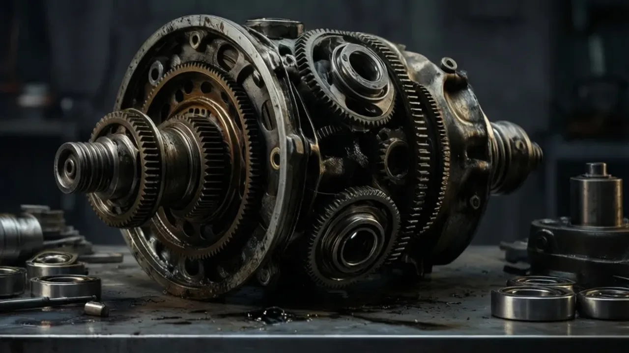 Uszkodzony dyfer objawy: awaria mechanizmu różnicowy – sprawdź i napraw Zdemontowany mechanizm różnicowy w warsztacie samochodowym prezentujący uszkodzony dyfer objawy.