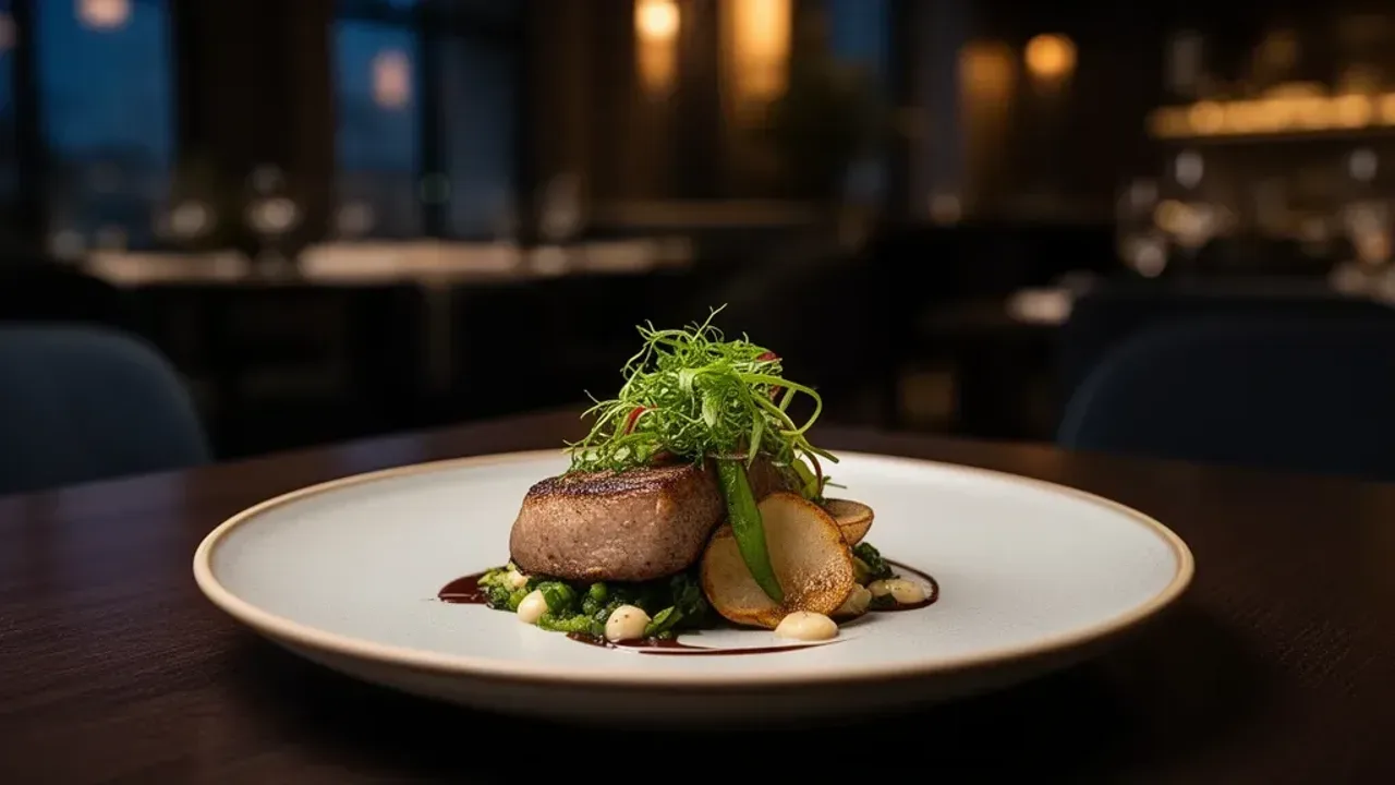 Warszawa jedzenie: najlepsze restauracje w Śródmieściu na mapie miasta Elegancka potrawa kuchni autorskiej w nowoczesnej knajpie ilustrująca temat warszawa jedzenie.