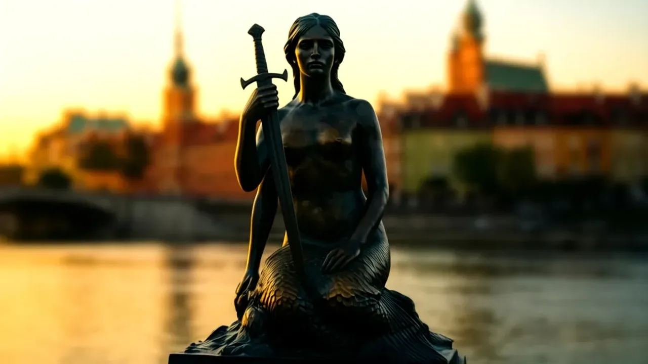 Warszawa syrenka: przewodnik po rzeźbach, pomnikach i rynku starego miasta Historyczna rzeźba Warszawa syrenka z piaskowca na Rynku Starego Miasta w Warszawie.