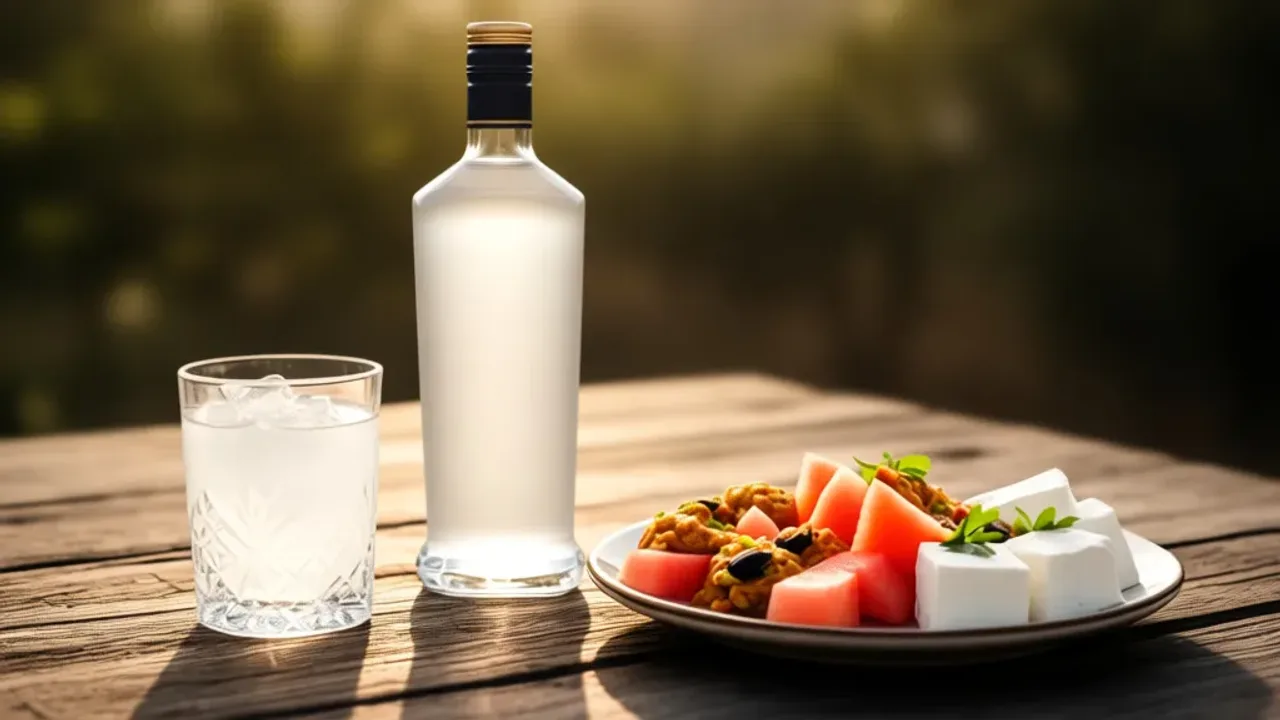 Wódka turecka: Yeni Raki 45% – turecki alkohol, którego warto spróbować Szklanka wypełniona mętną od efektu ouzo wódka turecka podana z meze na drewnianym stole.