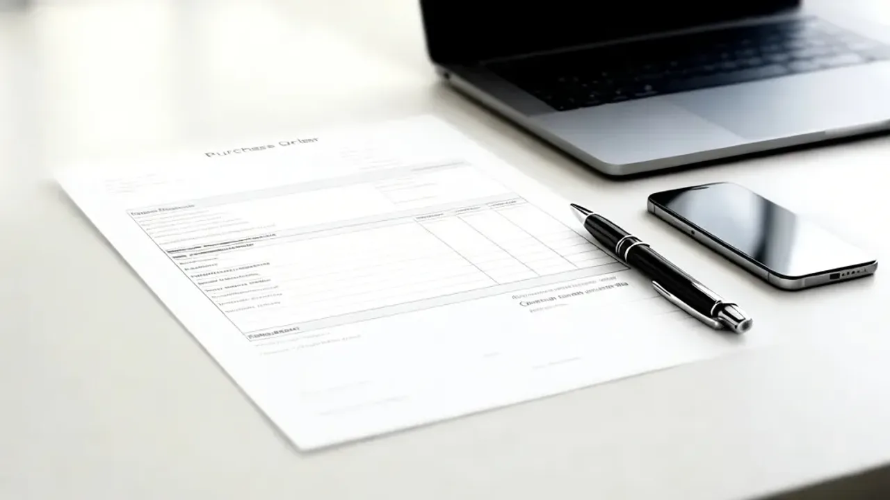 Zamówienie wzór wypełniony: praktyczne wzory zamówienia, faktura i program Profesjonalnie przygotowany zamówienie wzór wypełniony leżący na biurku obok laptopa w biurowym wnętrzu.